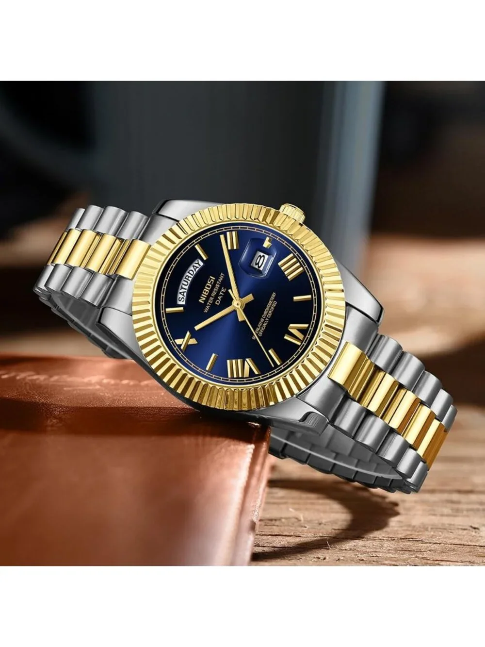 Nibosi Men's Silver Gold Analog Quartz Blue Face Waterproof Desiger Wrist Watch
